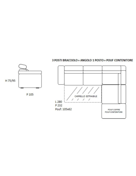 Divano angolare modello 149 tessuto roma 280x232x105 - Kallea