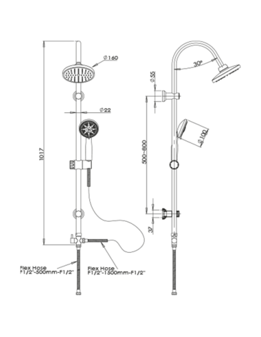 Colonna doccia Piralla serie Roma regolabile a fori esistenti con deviatore  meccanico 0RM00846B16