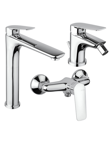 Set Rubinetti Piralla per lavabo alto e bidet con scarico automatico e doccia esterno serie Lake cromato - Kallea