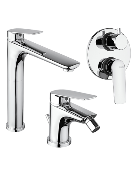 Set Rubinetti Piralla per lavabo alto e bidet con scarico automatico e doccia incasso con deviatore serie Lake cromato - Kallea