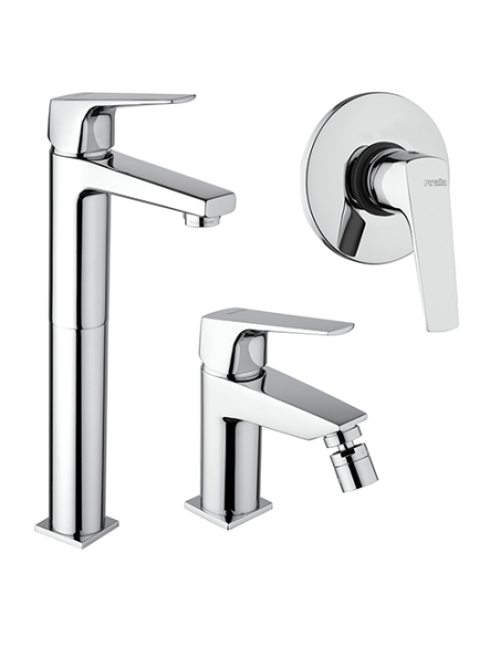 Set Rubinetti Piralla per lavabo alto e bidet con scarico automatico e doccia incasso serie Ice cromato - Kallea