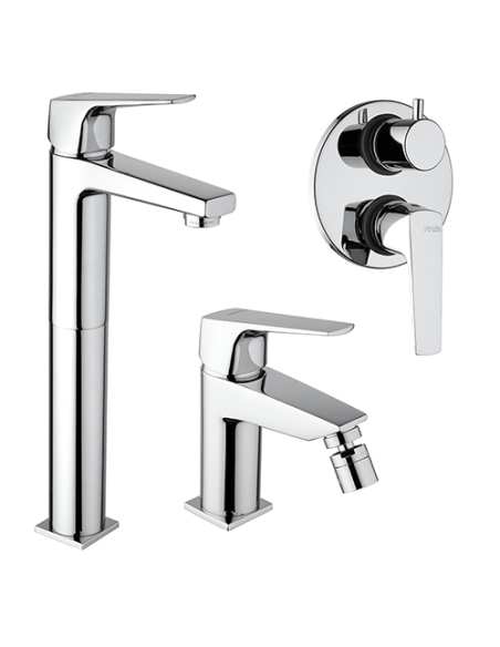 Set Rubinetti Piralla per lavabo alto e bidet con scarico automatico e doccia incasso con deviatore serie Ice cromato - Kallea