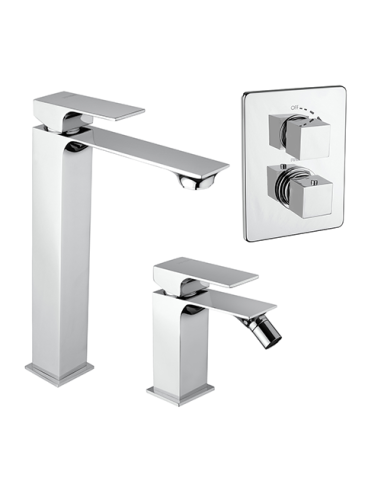 Set Rubinetti Piralla per lavabo alto e bidet con scarico automatico e doccia incasso con deviatore serie Polo cromato - Kallea