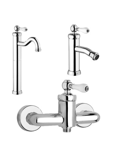 Set Rubinetti Jacuzzi per lavabo alto e bidet con pilette click clack incluse e doccia esterno serie Vintage cromato - Kallea