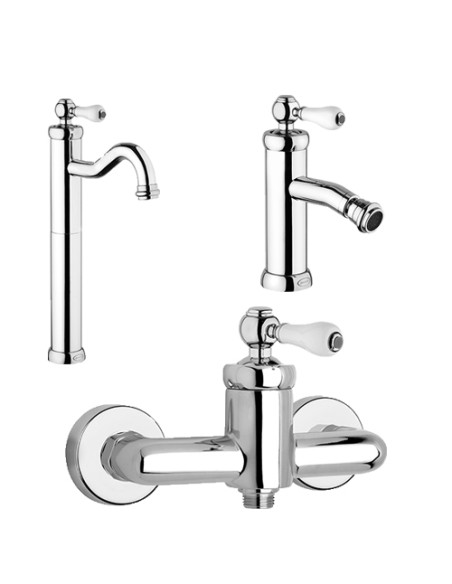 Set Rubinetti Jacuzzi per lavabo alto e bidet con pilette click clack incluse e doccia esterno serie Vintage cromato - Kallea