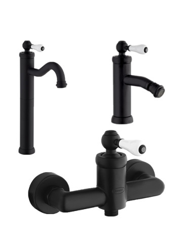 Set Rubinetti Jacuzzi per lavabo alto e bidet con pilette click clack incluse e doccia esterno serie Vintage YO nero opaco - ...