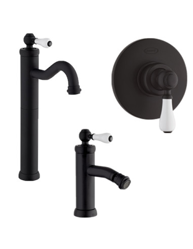 Set Rubinetti Jacuzzi per lavabo alto e bidet con pilette click clack incluse e doccia incasso serie Vintage YO nero opaco - ...