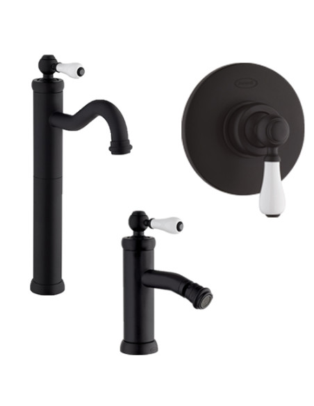 Set Rubinetti Jacuzzi per lavabo alto e bidet con pilette click clack incluse e doccia incasso serie Vintage YO nero opaco - ...