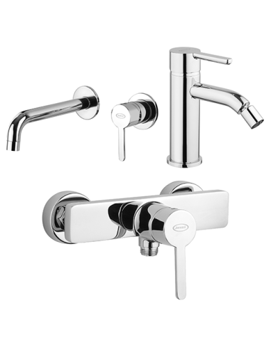 Set Rubinetti Jacuzzi per lavabo a parete e bidet con pilette click clack incluse e doccia esterno serie Sunrise cromato - Ka...