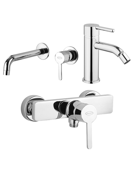 Set Rubinetti Jacuzzi per lavabo a parete e bidet con pilette click clack incluse e doccia esterno serie Sunrise cromato - Ka...