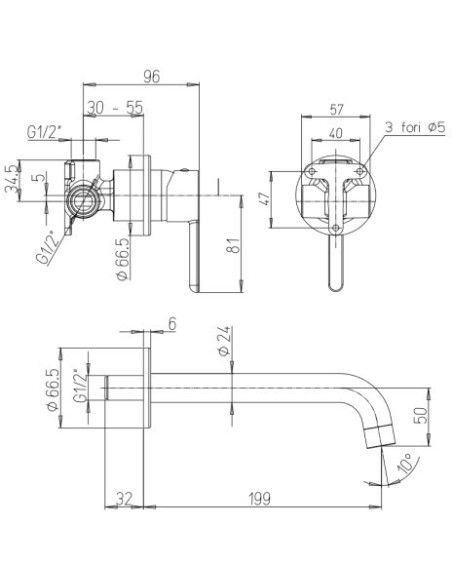 Set Rubinetti Jacuzzi per lavabo a parete e bidet con pilette click clack incluse e doccia incasso con deviatore serie Sunris...