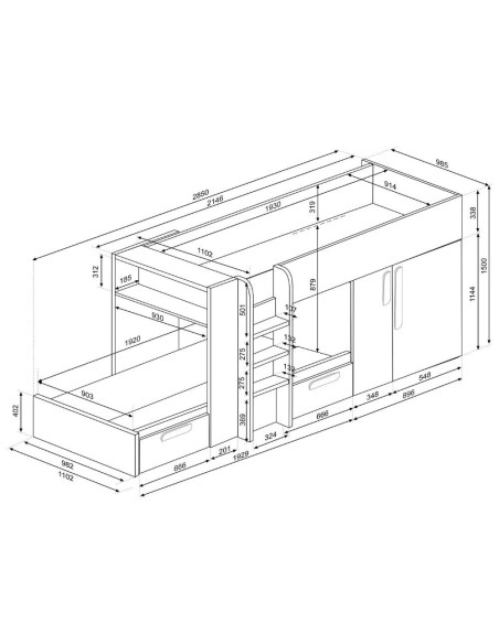 Letto a castello 1299 reversibile con armadio e 2 cassetti bianco consumato e antracite - Kallea