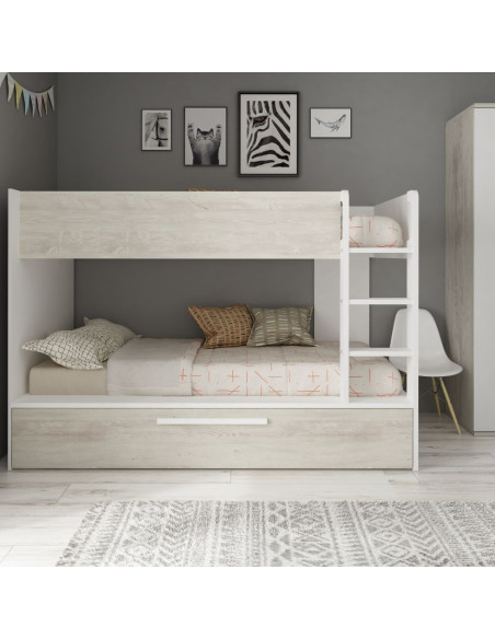 Cameretta con letto a castello con letto estraibile colore bianco consumato e bianco reversibile - Kallea