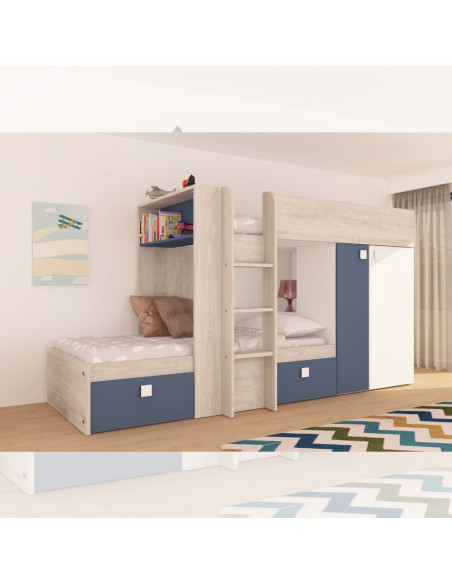 Cameretta 1260 con letto a castello con due cassettoni e armadio reversibile colore bianco vintage e azzurro - Kallea