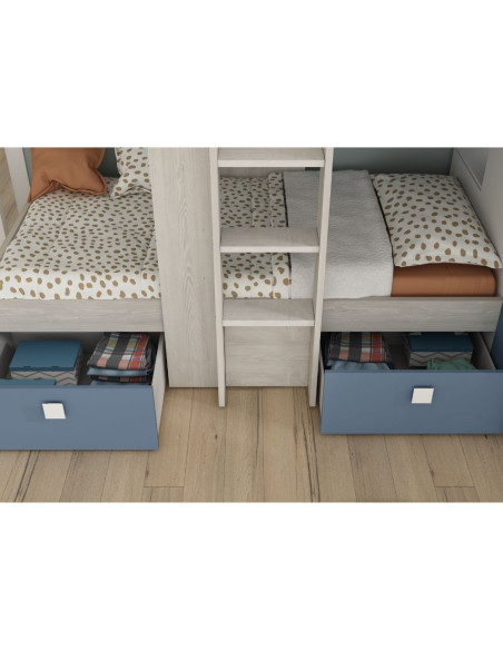 Cameretta 1260 con letto a castello con due cassettoni e armadio reversibile colore bianco vintage e azzurro - Kallea