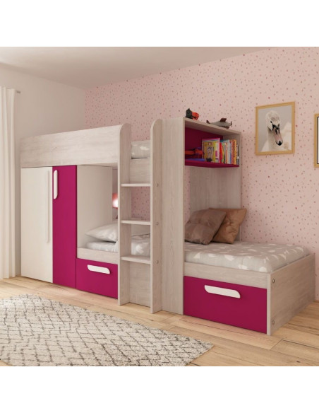 Letto a castello 1298 reversibile con armadio e 2 cassetti bianco consumato e fucsia - Kallea