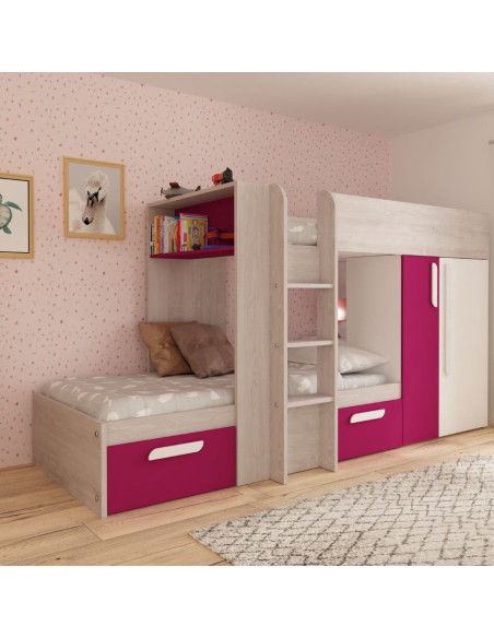 Letto a castello 1298 reversibile con armadio e 2 cassetti bianco consumato e fucsia - Kallea