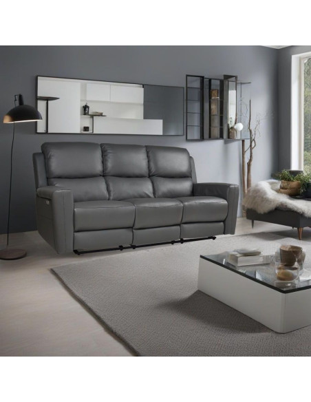 Divano recliner elettrici Claus 3 posti in vera pelle colore grigio scuro - Kallea