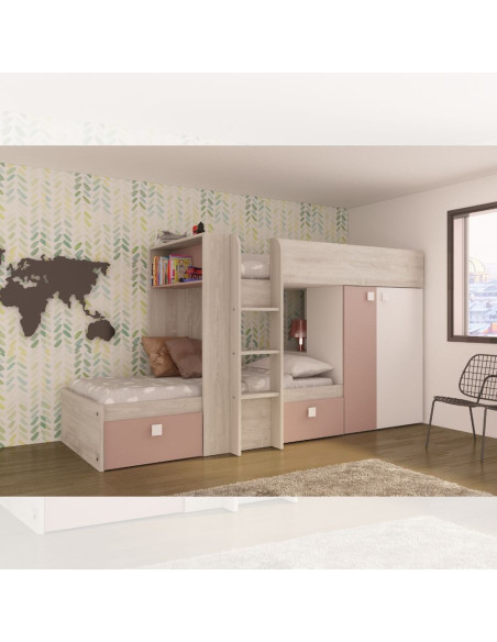 Cameretta 1262 con letto a castello con due cassettoni e armadio reversibile colore bianco consumato e rosa antico - Kallea