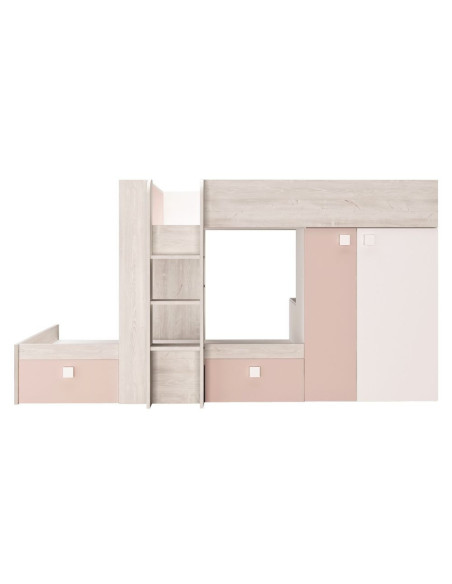 Cameretta 1262 con letto a castello con due cassettoni e armadio reversibile colore bianco consumato e rosa antico - Kallea