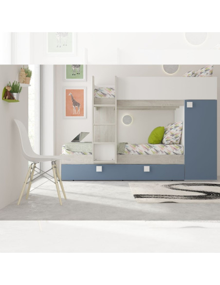 Cameretta con letto a castello e letto estraibile con armadio integrato colore bianco consumato e azzurro reversibile - Kallea