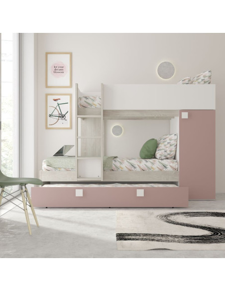 Cameretta con letto a castello e letto estraibile con armadio integrato colore bianco consumato e rosa antico reversibile - K...