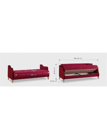 Divano letto contenitore Montana 3 posti colore bordeaux - Kallea