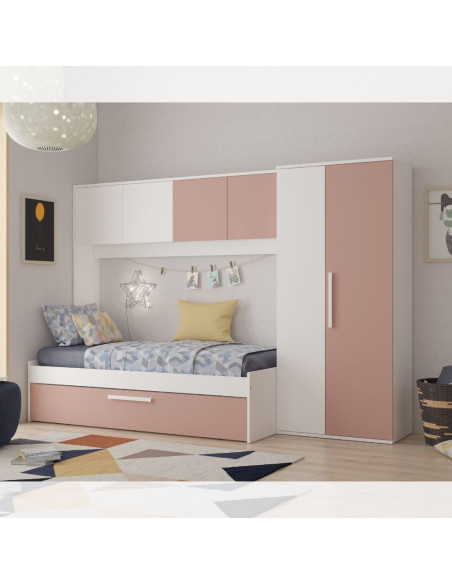 Cameretta a ponte 6007 con letto estraibile e armadio colore bianco e rosa antico - Kallea