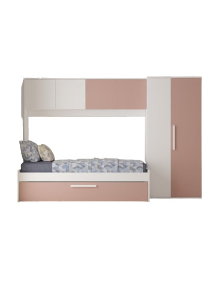 Cameretta a ponte 6007 con letto estraibile e armadio colore bianco e rosa antico - Kallea