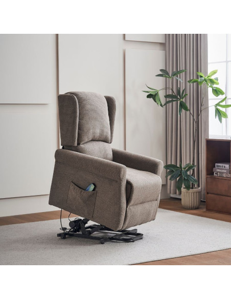 Poltrona alzapersona Tasmania con recliner elettrico 2 motori e 8 punti di massaggio in tessuto coffee - Kallea