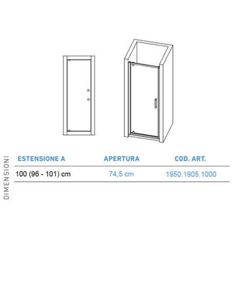 Porta doccia 1 anta battente Piralla serie Indigo 1905 L 100 x H 195 cm - Kallea