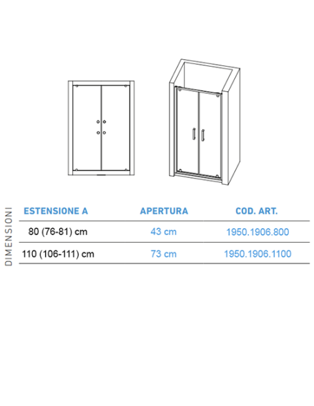 Porta doccia 2 ante battenti Piralla serie Indigo 1906 L 80 x H 195 cm - Kallea