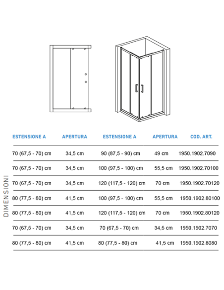 Box doccia angolare Piralla serie Indigo 1902 70x90 x H 195 cm con apertura scorrevole - Kallea