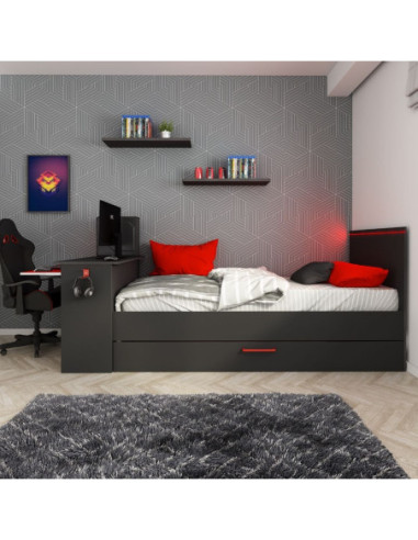 Cameretta 5040 con letto singolo con letto estraibile e scrivania incorporata colore antracite e rosso reversibile - Kallea