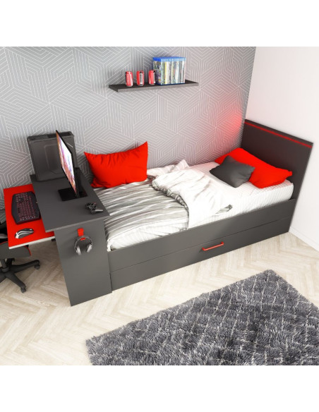 Cameretta 5040 con letto singolo con letto estraibile e scrivania incorporata colore antracite e rosso reversibile - Kallea