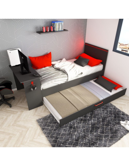 Cameretta 5040 con letto singolo con letto estraibile e scrivania incorporata colore antracite e rosso reversibile - Kallea