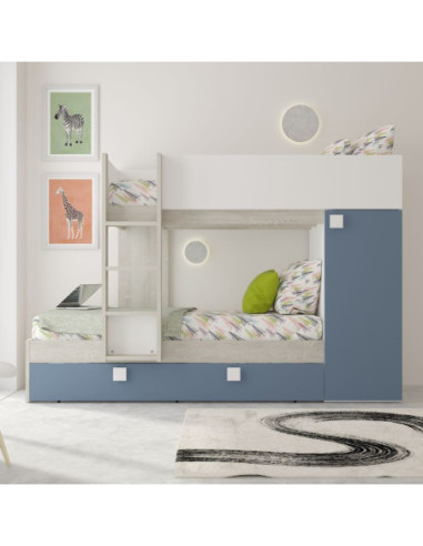 Cameretta con letto a castello e letto estraibile con armadio integrato colore bianco consumato e azzurro reversibile - Kallea