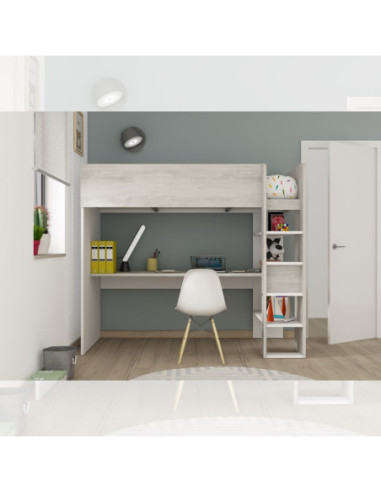 Cameretta 2278 con letto a soppalco con scrivania sottostante colore bianco e bianco consumato - Kallea