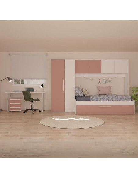 Cameretta a ponte 6007 con letto estraibile e armadio colore bianco e rosa antico - Kallea