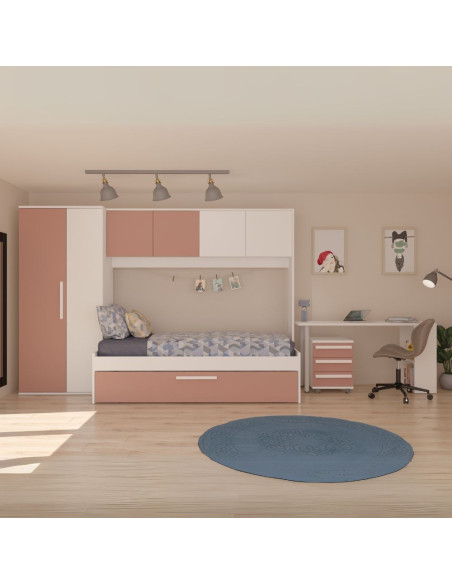 Cameretta a ponte 6007 con letto estraibile e armadio colore bianco e rosa antico - Kallea