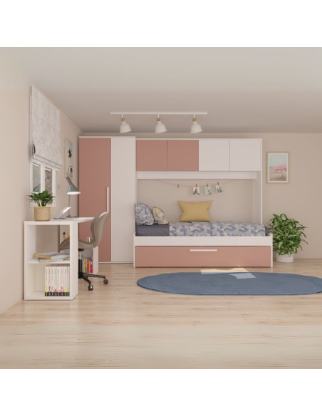 Cameretta a ponte 6007 con letto estraibile e armadio colore bianco e rosa antico - Kallea