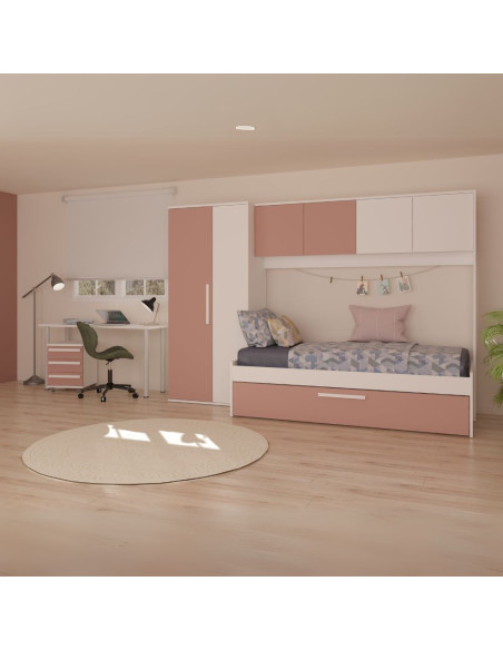 Cameretta a ponte 6007 con letto estraibile e armadio colore bianco e rosa antico - Kallea