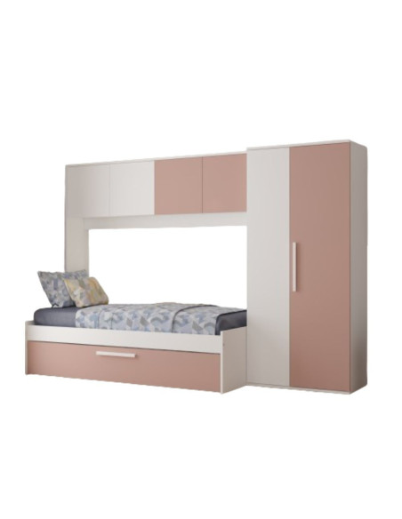 Cameretta a ponte 6007 con letto estraibile e armadio colore bianco e rosa antico - Kallea