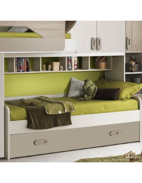 Cameretta soppalco Milly con 3 letti colore talco verde e brown - Kallea