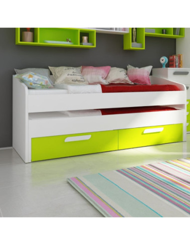 Letto singolo 1141 con letto estraibile e due cassettoni colore bianco e verde lime - Kallea