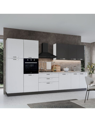 Cucina reversibile Iris 360 cm con cassa bianca base e colonne bianco lucido e e pensili grafite - Kallea