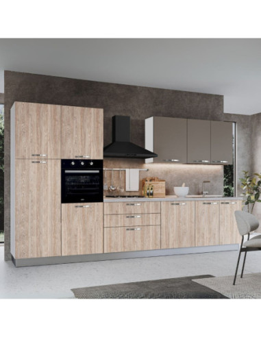 Cucina reversibile Iris 360 cm con cassa bianca base e colonne rovere gessato naturale e pensili tortora - Kallea