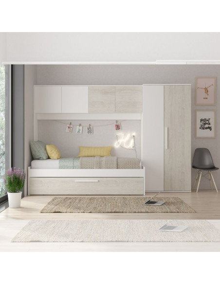 Cameretta a ponte 6006 con letto estraibile e armadio colore bianco consumato e bianco - Kallea