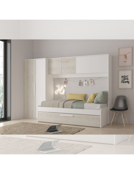 Cameretta a ponte 6006 con letto estraibile e armadio colore bianco consumato e bianco - Kallea