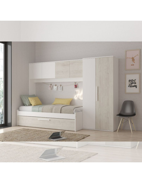 Cameretta a ponte 6006 con letto estraibile e armadio colore bianco consumato e bianco - Kallea